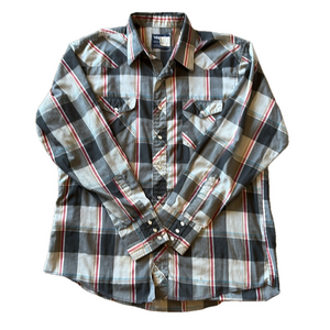 Wrangler Mens X-Long 17/35 Vintage Grey & Red Plaid Button Down Western Shirt